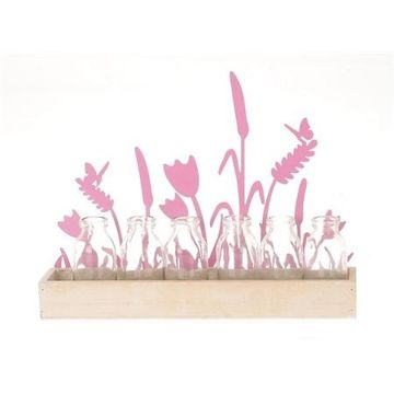 Bandeja decorativa de madera de cristal HIFTU con 6 botellas, flores de zinc, rosa, 35x6x28,5cm Bandeja decorativa de madera de cristal HIFTU con 6 botellas, flores de zinc, rosa, 35x6x28,5cm