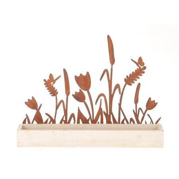 Bandeja decorativa de madera HIFTU con 6 botellas de cristal y flores de zinc, color óxido, 35 x 6 x 28,5 cm Bandeja decorativa de madera HIFTU con 6 botellas de cristal y flores de zinc, color óxido, 35 x 6 x 28,5 cm