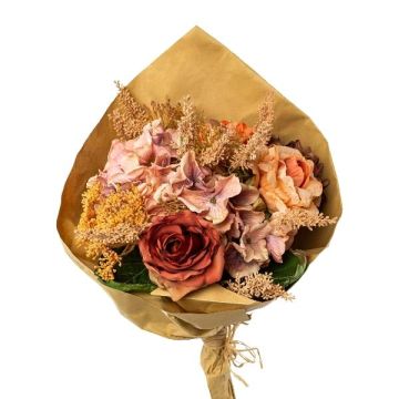 Ramo de flores artificiales con rosas, hortensias y skimmia FORTA, naranja-salmón-rosa antiguo, 50 cm Ramo de flores artificiales con rosas, hortensias y skimmia FORTA, naranja-salmón-rosa antiguo, 50 cm