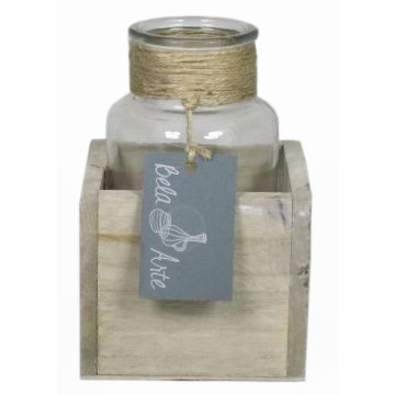 Botella de vidrio LORRIE en caja de madera, transparente, 9x9x13cm