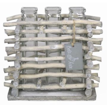 Florero de cristal SIHAM, soporte de madera, 3 vasos, transparente, 18x8,5x17cm Florero de cristal SIHAM, soporte de madera, 3 vasos, transparente, 18x8,5x17cm