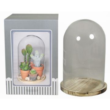 Campana de vidrio SABIKA con fondo de madera jaspeada, transparente, 30cm, Ø22cm