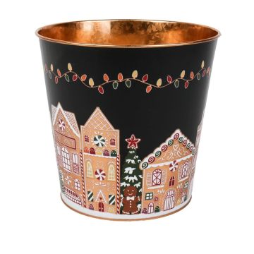 Macetero de zinc MAVETA con motivo de casita de pan de jengibre, negro-cobre, 18cm, Ø20,5cm Macetero de zinc MAVETA con motivo de casita de pan de jengibre, negro-cobre, 18cm, Ø20,5cm