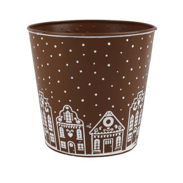 Macetero de zinc MAVETA con motivo de casita de pan de jengibre, marrón-blanco, 19cm, Ø20cm