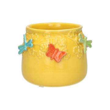 Maceta KIMANA de cerámica, mariposas y libélulas en 3D, amarillo-naranja-azul-verde, 11 cm, Ø 13,5 cm Maceta KIMANA de cerámica, mariposas y libélulas en 3D, amarillo-naranja-azul-verde, 11 cm, Ø 13,5 cm