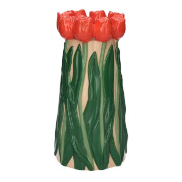 Jarrón decorativo LIMEA de dolomita, tulipanes en 3D, beige-rojo-verde, 24,5 cm, Ø 12,5 cm Jarrón decorativo LIMEA de dolomita, tulipanes en 3D, beige-rojo-verde, 24,5 cm, Ø 12,5 cm