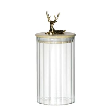 Tarro de conservación LEOPOLDO con tapa de madera, asa con forma de ciervo, transparente, 15,5 cm, Ø 9 cm Tarro de conservación LEOPOLDO con tapa de madera, asa con forma de ciervo, transparente, 15,5 cm, Ø 9 cm