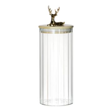 Tarro de cristal LEOPOLDO con tapa de madera, asa con forma de ciervo, transparente, 20,5 cm, Ø 9 cm Tarro de cristal LEOPOLDO con tapa de madera, asa con forma de ciervo, transparente, 20,5 cm, Ø 9 cm