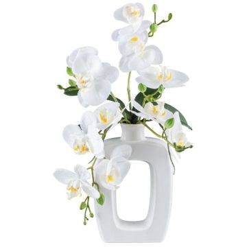 Orquídea Phalaenopsis de tela DRUKLON, jarrón de cerámica, raíces, blanco, 40 cm