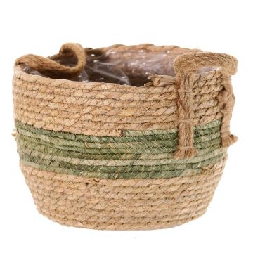 Maceta de mimbre UPALI, algas marinas trenzadas, 2 asas, beige-verde, 22 cm, Ø 30 cm