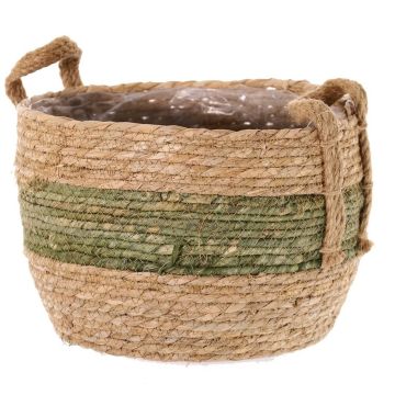 Maceta de mimbre UPALI, algas marinas trenzadas, 2 asas, beige-verde, 19 cm, Ø 24 cm