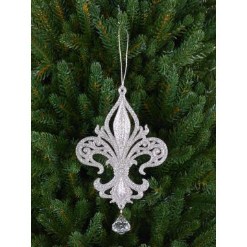 Adorno acrílico para árbol de Navidad: lirio heráldico AZARIEL, con purpurina, plateado, 15cm