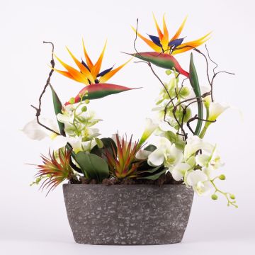 Arreglo floral artificial de verano LOVARA, strelitzia, orquídea, cala, naranja-blanco-verde, 55x30x60cm Arreglo floral artificial de verano LOVARA, strelitzia, orquídea, cala, naranja-blanco-verde, 55x30x60cm