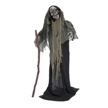 Esqueleto de Halloween WILBERT, capa, bastón, función sonido y movimiento, LEDs, 160cm