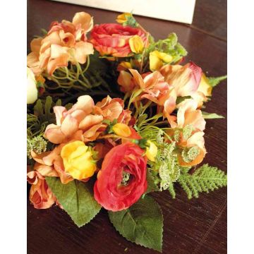 Corona de hortensias artificiales SUNA, ranúnculos, rosa, naranja-rojo, Ø30cm