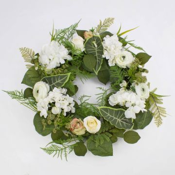 Corona de hortensias artificiales SUNA, ranúnculos, rosa, blanco-verde, Ø50cm