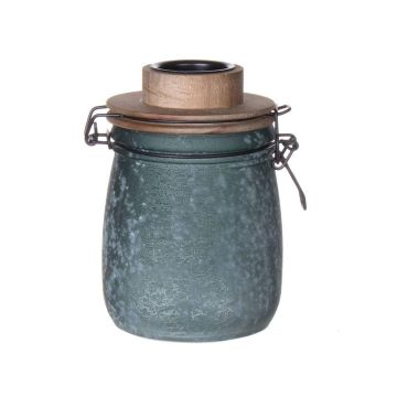 Tarro con cierre hermético ANNEDORE con soporte para velas de té, aspecto escarchado, verde petróleo, 15,5cm, Ø10,5cm