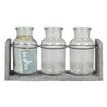 Botellas de cristal LORRIE con soporte de madera, 3 vasos, transparente, 25x8x13cm