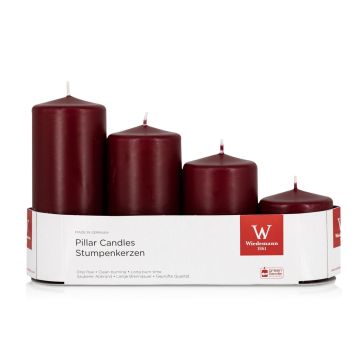 Velas de Adviento JENARO, 4 piezas, graduadas, burdeos, 6cm, 8cm, 10cm, 12cm, Ø5cm - Made in Germany