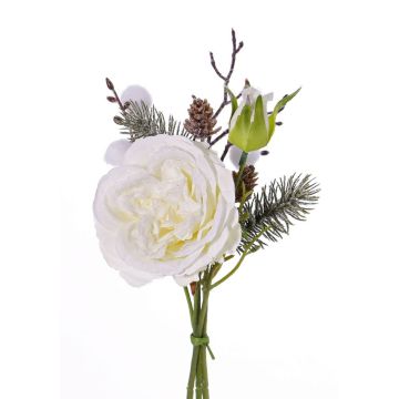 Ramillete de rosas de plástico FANNI, piñas, nieve, blanco, 30cm, Ø15cm