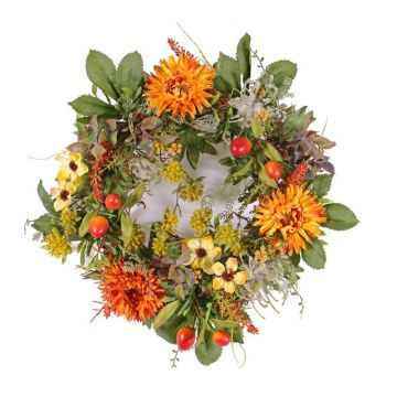 Corona de otoño de plástico SABINA, gerbera, amarillo-naranja, Ø30cm