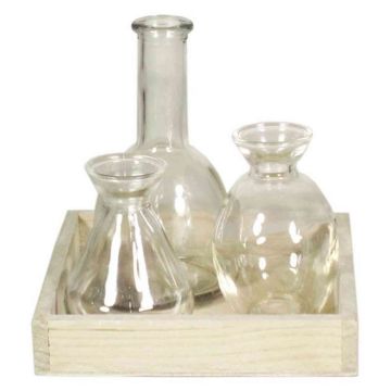 Botellas de vidrio pequeñas KAYRA, 3 piezas con bandeja de madera, cilíndricas/redondas, transparentes, 17x17x16cm