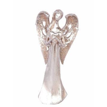 Figura de ángel decorativo PINTA, corazón en las manos, plata-cobre, 30 cm