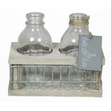 Botellas de vidrio LEATRICE OCEAN en caja de madera, 2 vasos, transparente, 14,5x8x11cm