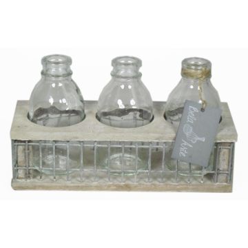 Botellas de vidrio LEATRICE OCEAN en caja de madera, 3 vasos, transparente, 21x8x11cm
