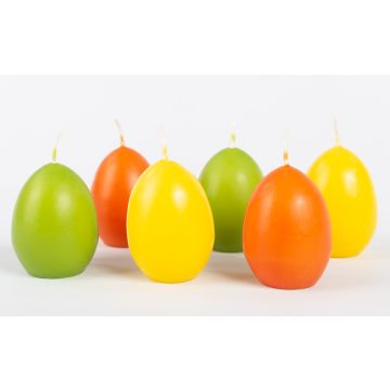 Velas de huevos de Pascua LEONITA, 6 pezzi, amarillo-naranja-verde, 6cm, 4,5cm, 7h - Made in Germany